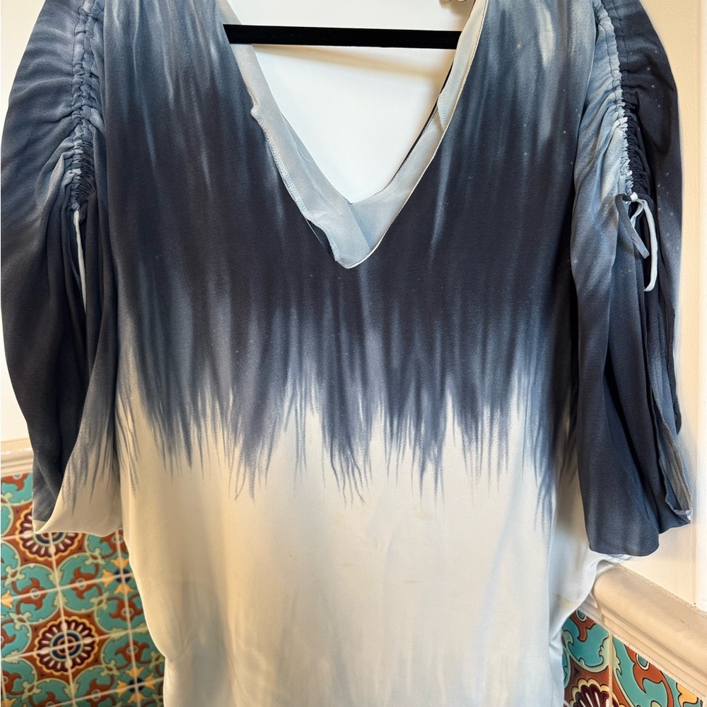Arianne Blue and White Puff Sleeve Ruched Blouse